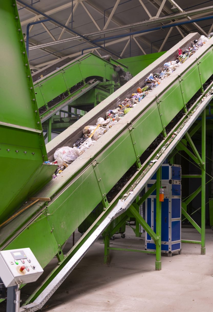 Waste processing plant. Technological process for acceptance, storage, sorting and further processing of waste for their recycling.